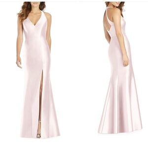 Alfred Sung Satin twill halter neck gown